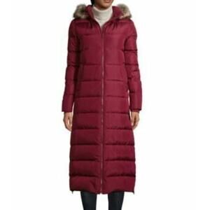 Lands' End Women's Burgundy Puffer Coat with Fur Trim